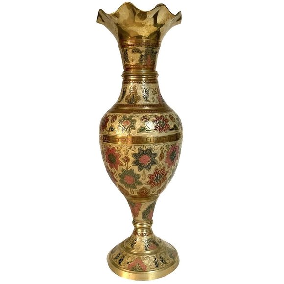 Vintage 1960s Solid Brass Enameled Ruffled Edge Vase Flowers India Hand Painted - Picture 3 of 8